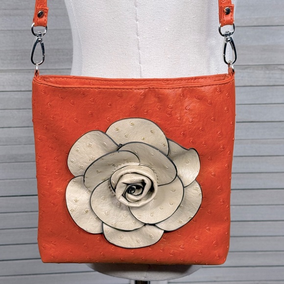 Faux Ostrich Leather Crossbody Purse Orange with Tan Flower - Picture 2 of 8